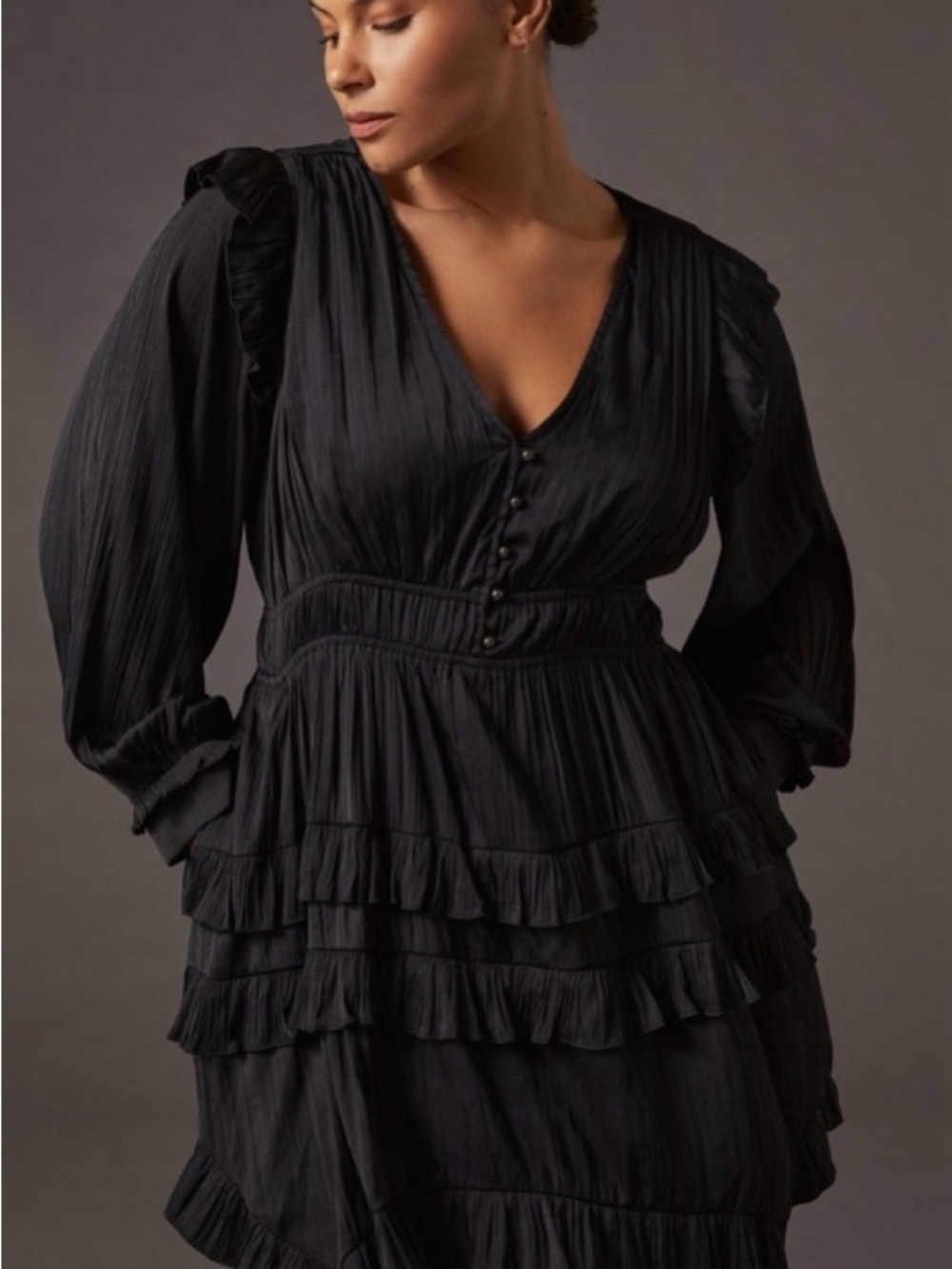 Satin Black Long-Sleeve V-Neck Tiered Mini Dress